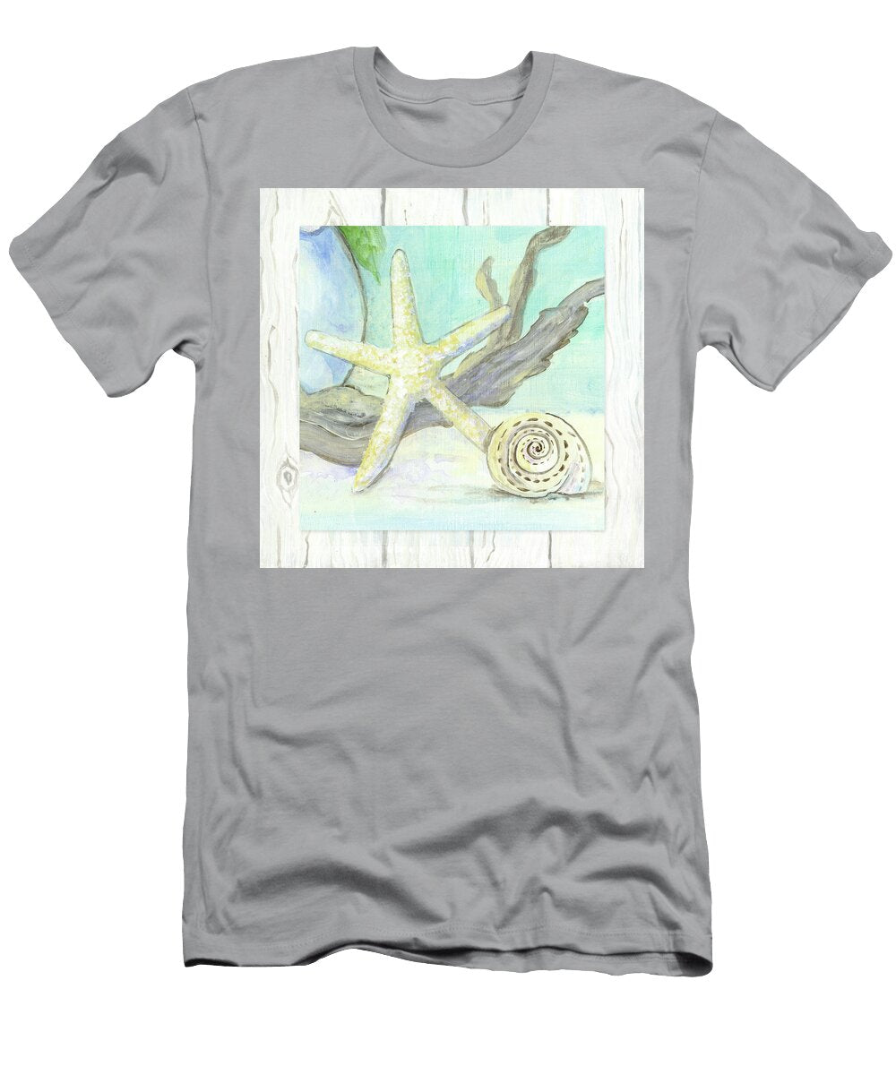 Cottage At the Shore 7 Starfish Driftwood and Seashell Over Wood Audrey Jeanne Roberts T-Shirt