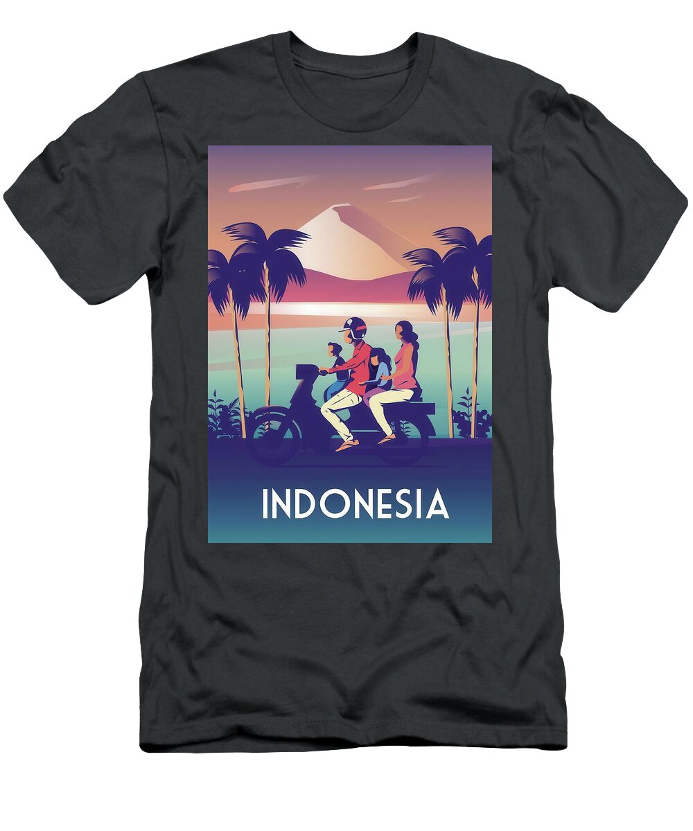 Couple Riding Scooter At Sunset Indonesia Travel Poster Travel Poster Art Print T-Shirt
