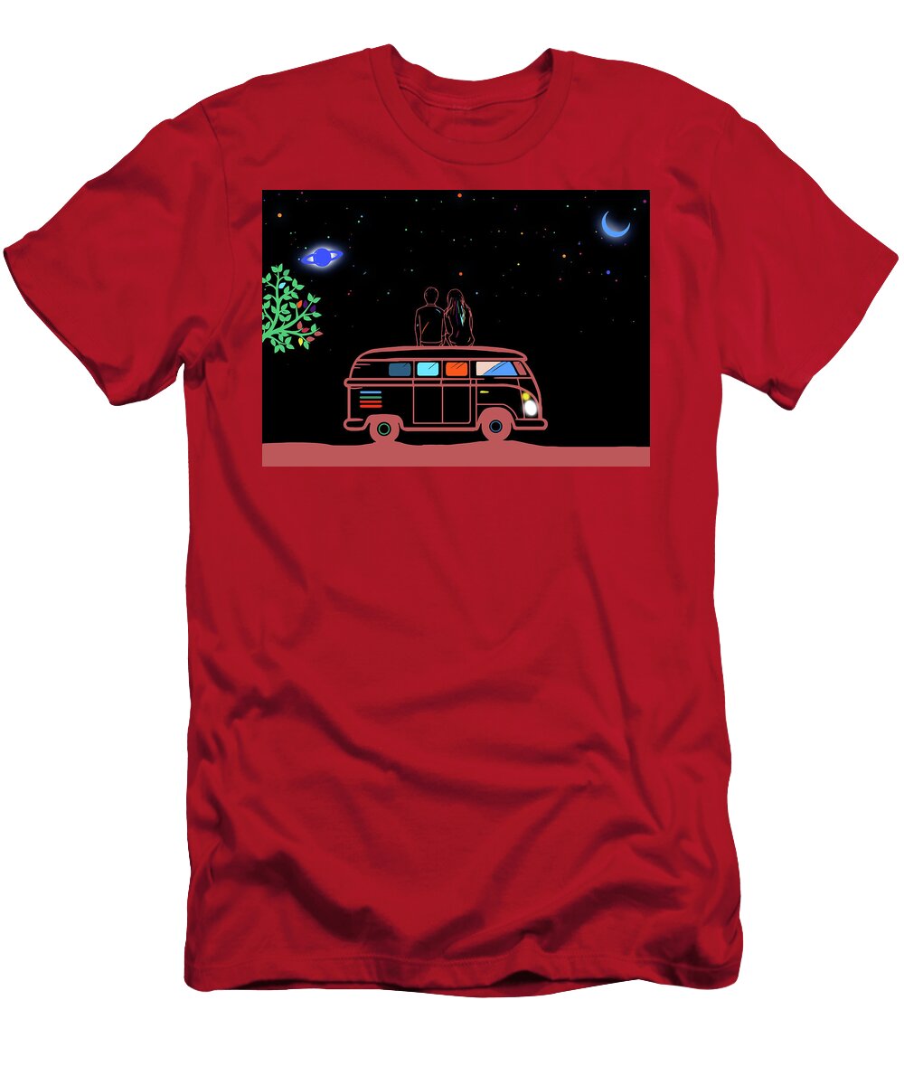 Couple Sitting on the Roof of a Car Watching the Night Sky Leith Huber T-Shirt