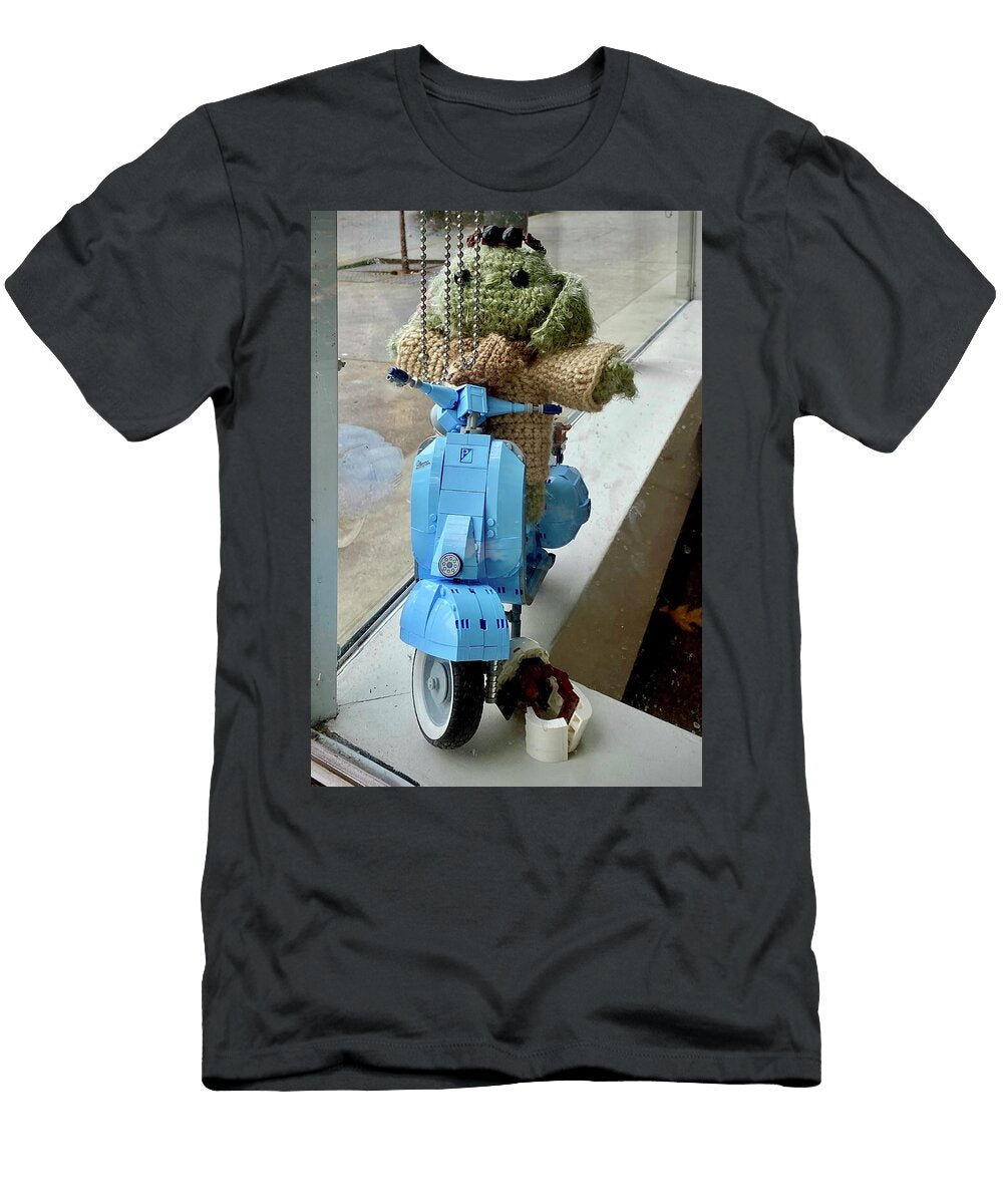 Crochet Yoda on Blue Lego Scooter Masha Batkova T-Shirt
