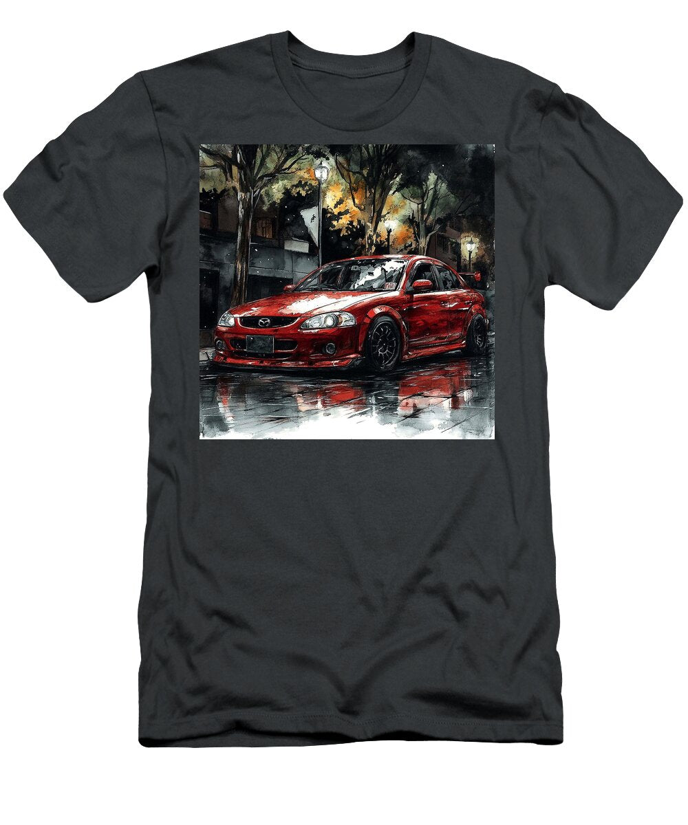 Custom Car Design Red Car Artwork Mazda 3 2003 Japan Hatchback Jdm Car Vintage Rainy Cityscape Grayson Sheppard T-Shirt