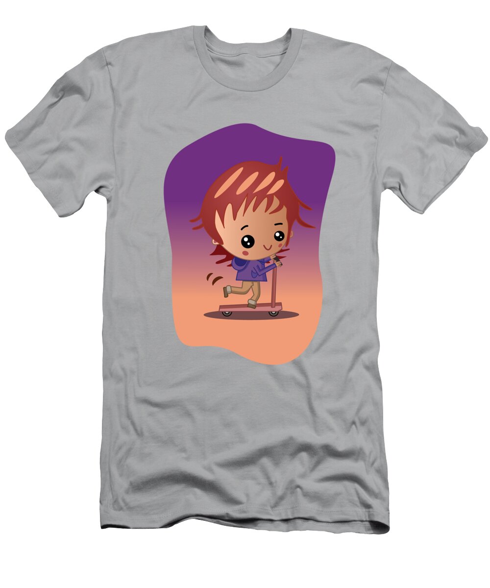 Cute Chibi Boy in a Hoodie on a Scooter Barefoot Bodeez Art T-Shirt