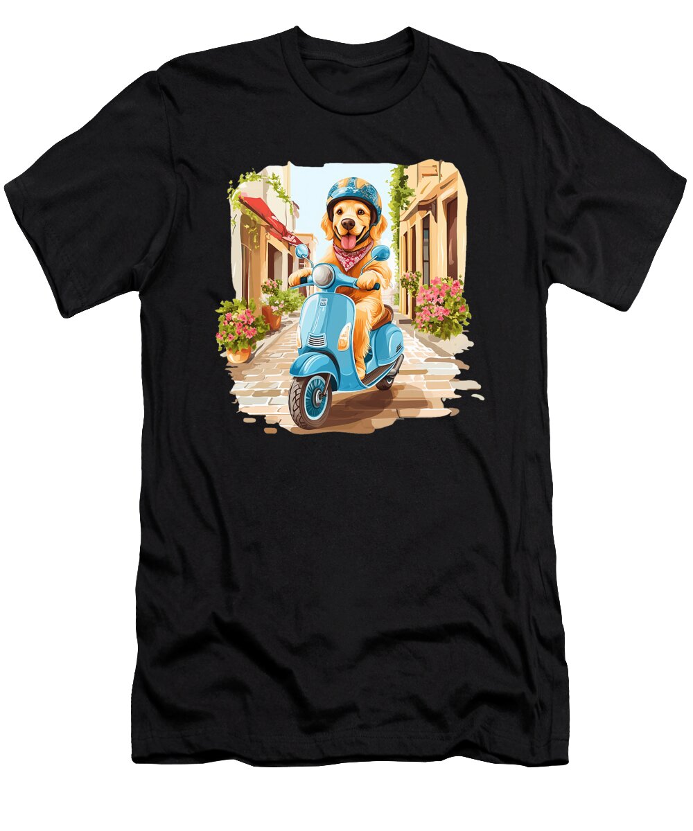 Cute Golden Retriever Dog Riding Scooter Streets Sophie Eleanor T-Shirt