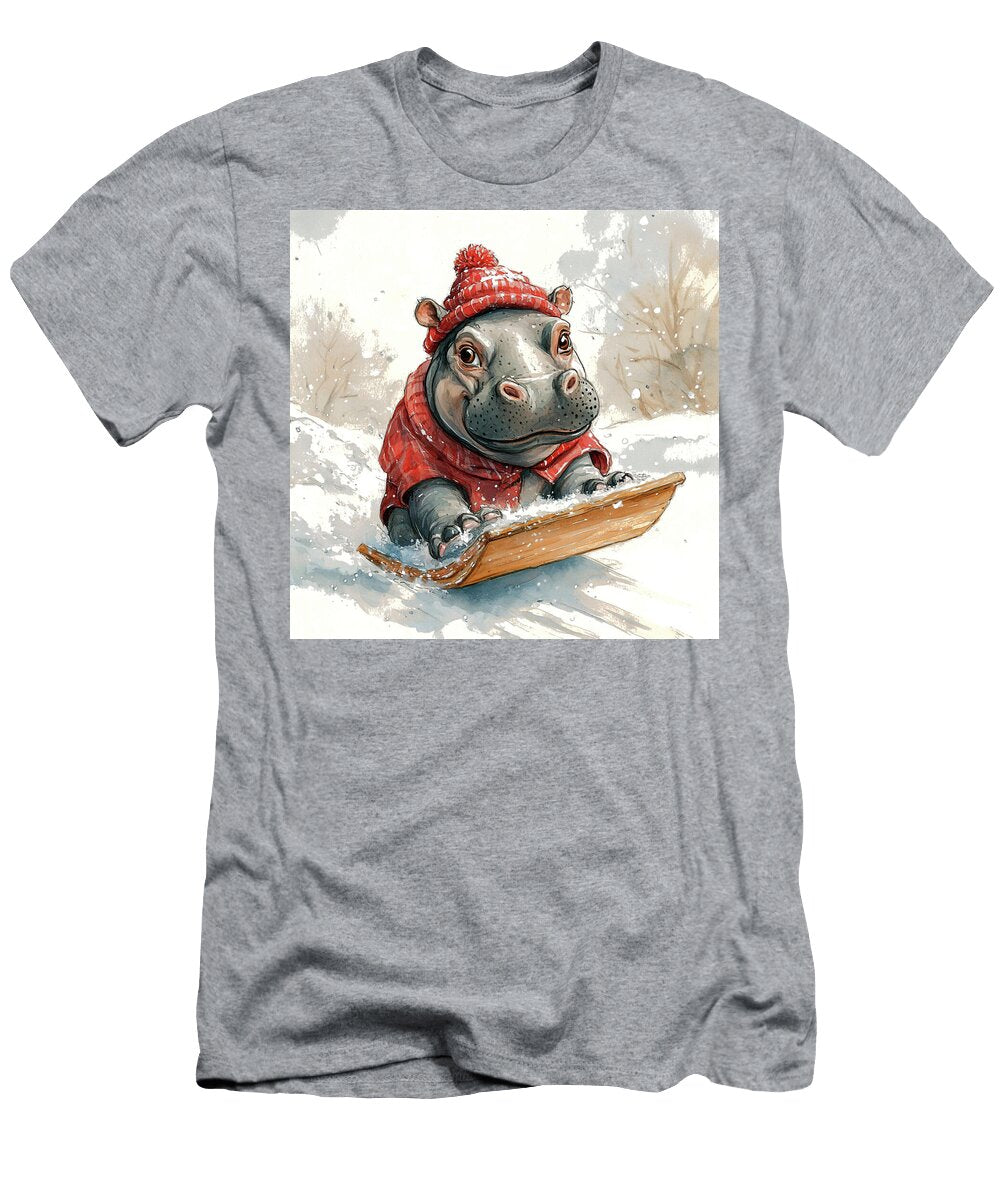 Cute Hippopotamus Sledding in the Snow Winter Fun Rhys Jacobson T-Shirt
