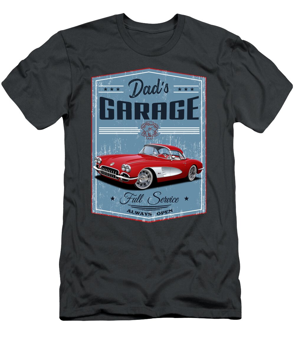 Dads Garage Red Corvette Paul Kuras T-Shirt