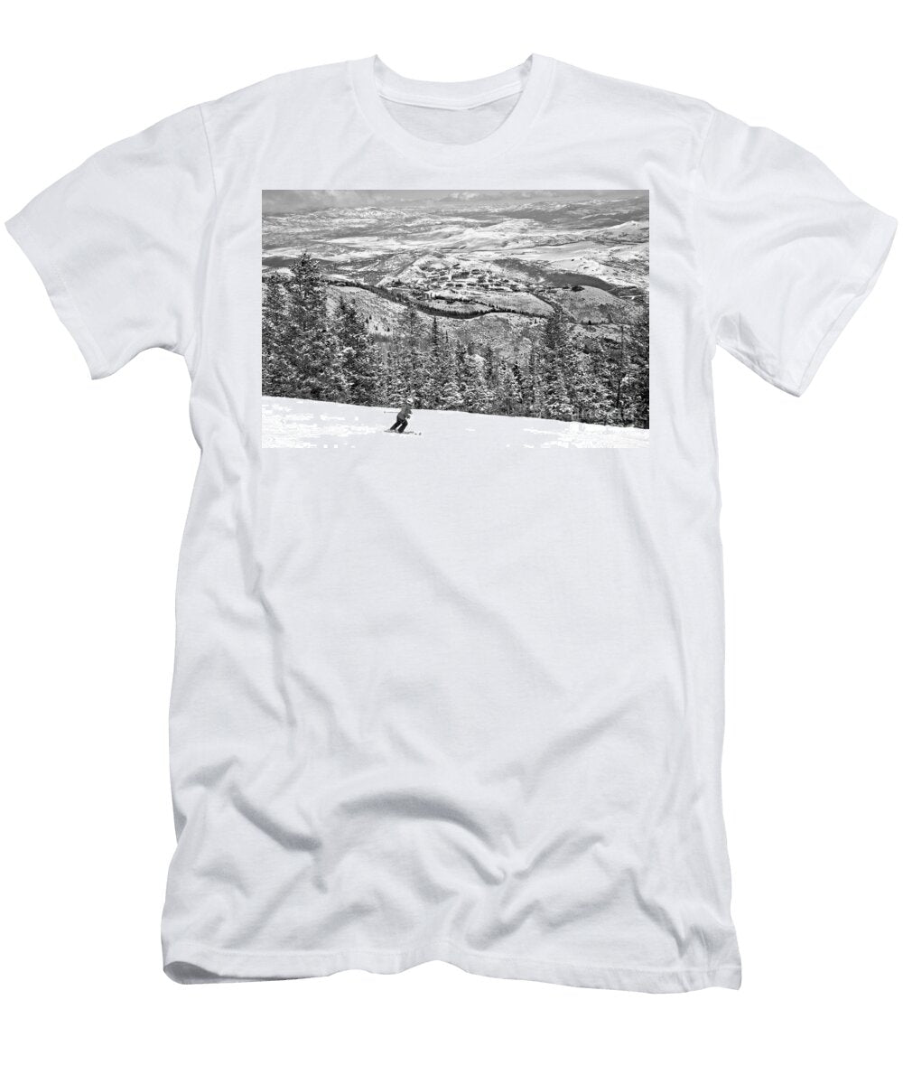 Deer Valley Skier Black and White Adam Jewell T-Shirt