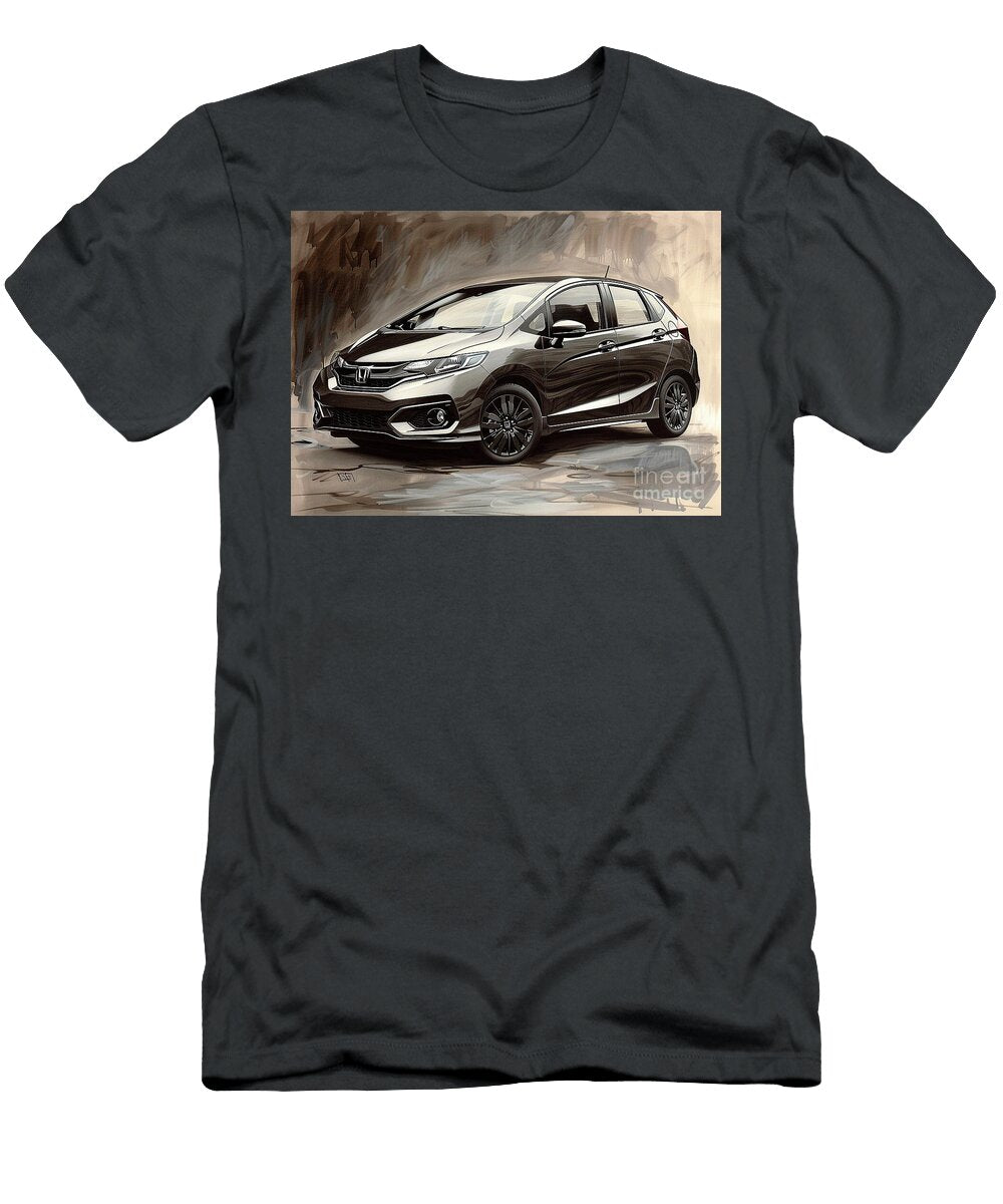 Detailed Illustration of a Black Hatchback Car Honda Fit Car Lowell Harann T-Shirt
