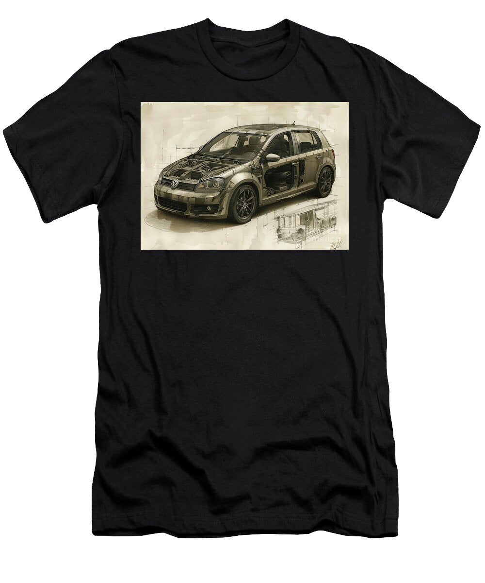 Detailed Pencil Sketch of a Hatchback Car Design Volkswagen Golf Car Lowell Harann T-Shirt