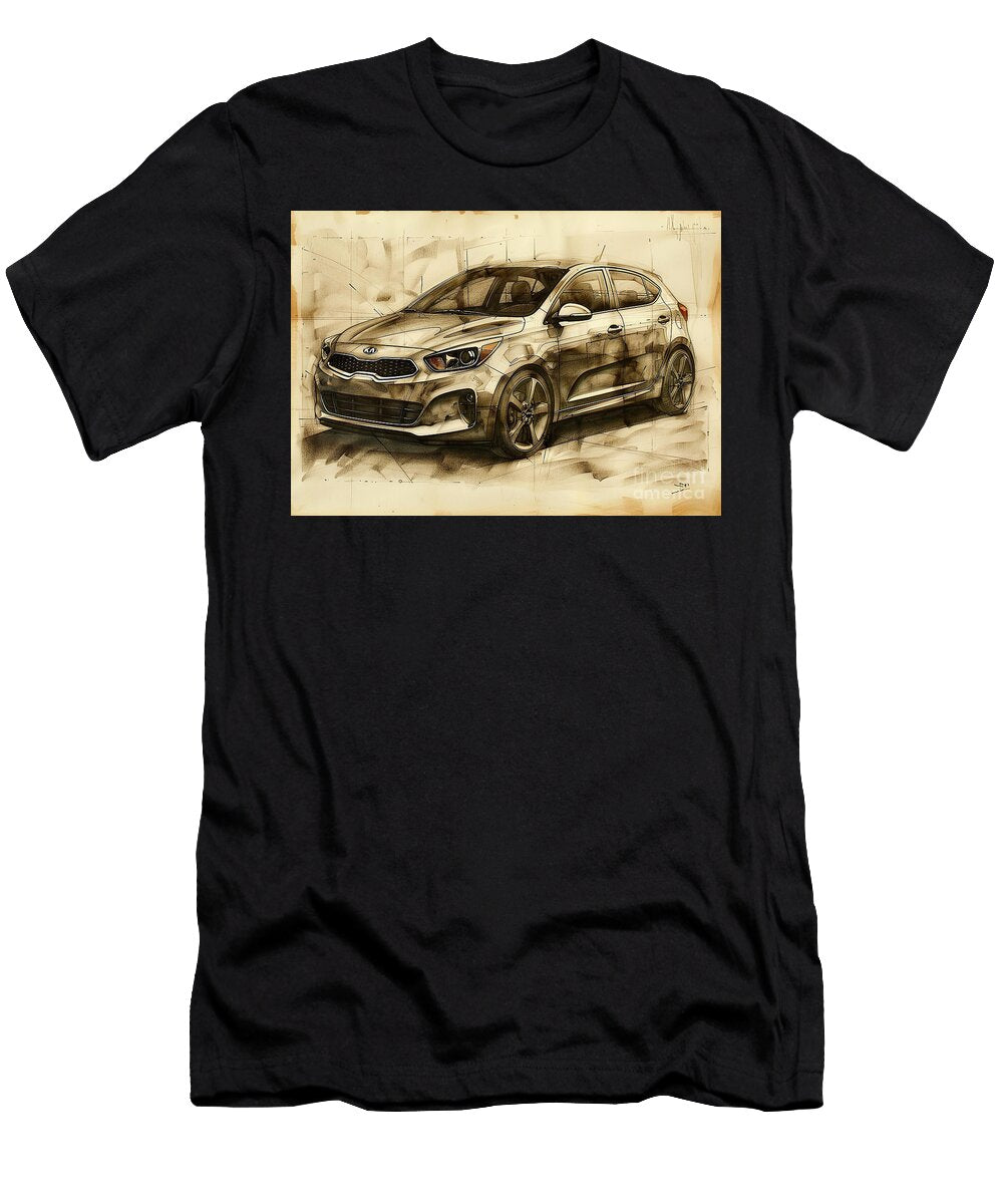 Detailed Pencil Sketch of a Modern Hatchback Car Kia Rio Car Lowell Harann T-Shirt