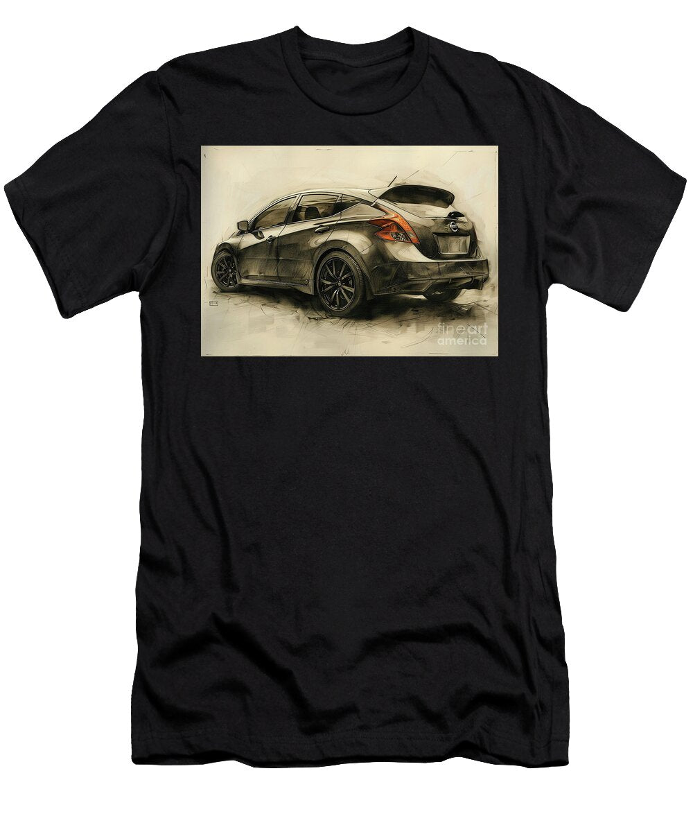 Detailed Sketch of a Black Hatchback Car Nissan Versa Car Lowell Harann T-Shirt