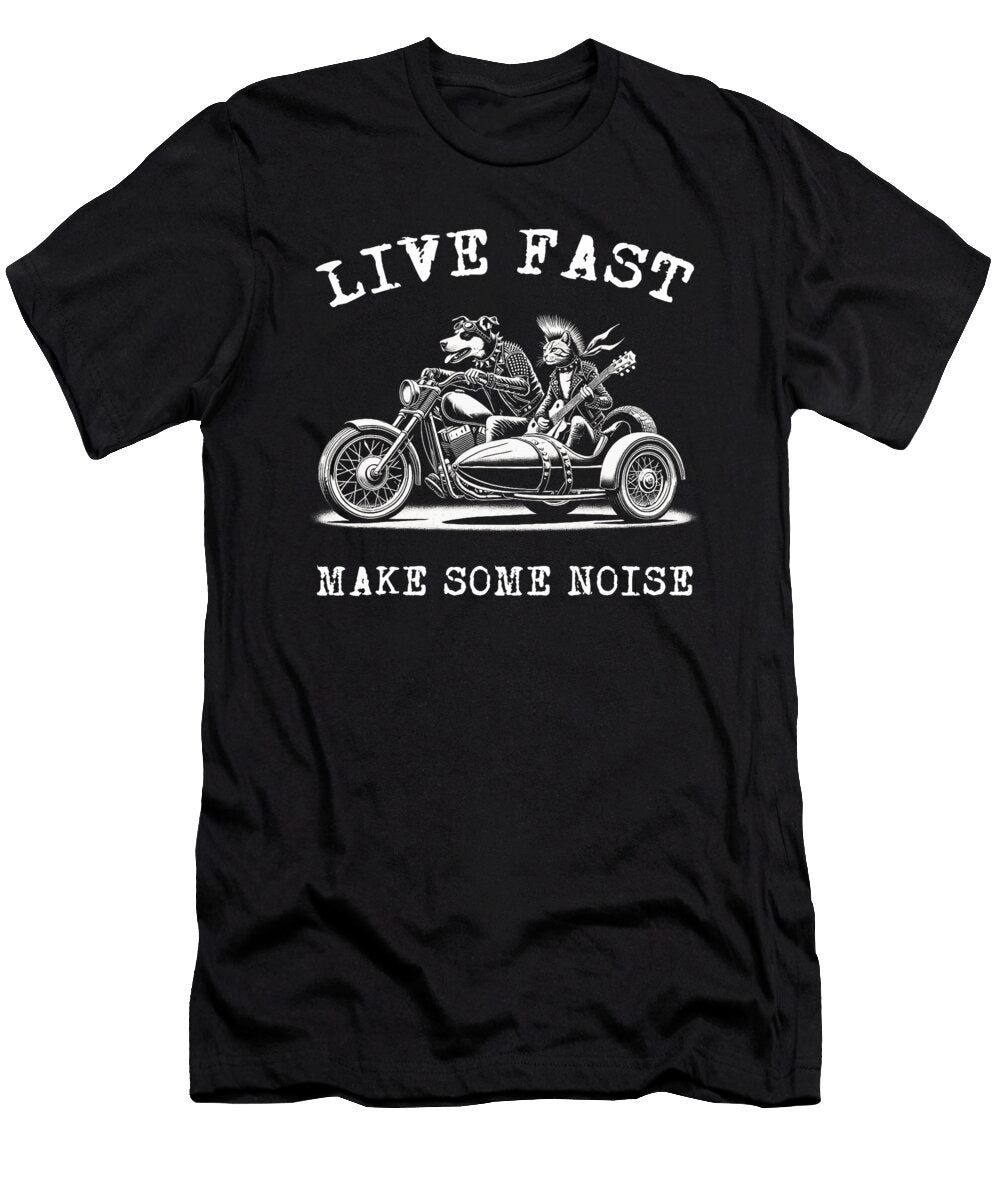 Dog Riding Motorcycle Cat Playing Guitar Punk Studi Alex T-Shirt