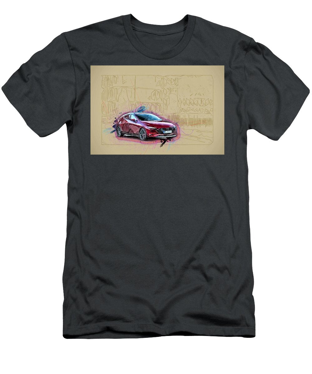 Drawing Mazda 3 Hatchback 2019 Exterior Red Japanese Cars Colorful Abstract Artwork Mixed Media Painting Ola Kunde T-Shirt