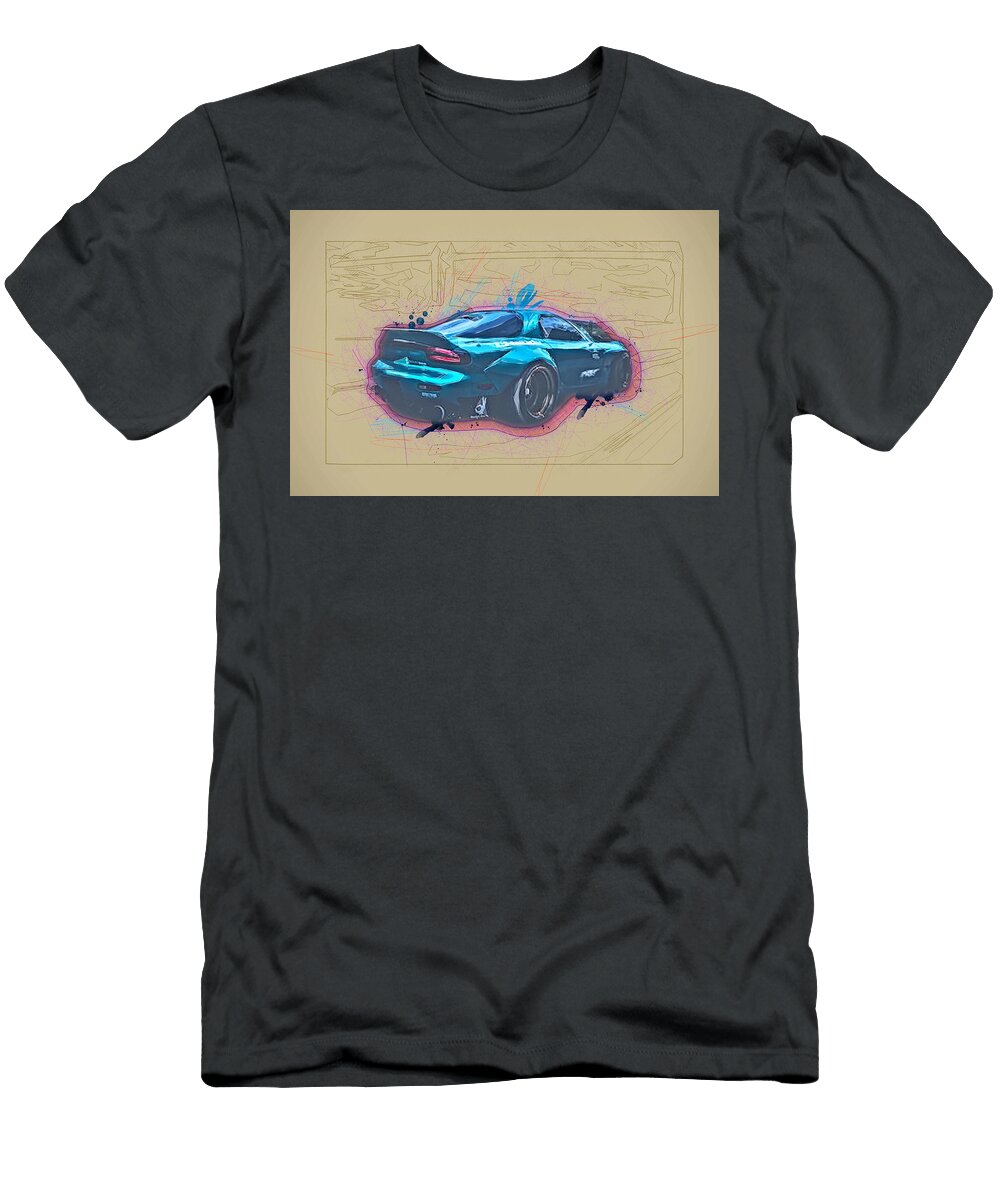 Drawing Mazda Rx 7 Lowrider Blue Sports Coupe Tuning Japanese Cars Colorful Abstract Artwork Mixed Media Painting Ola Kunde T-Shirt