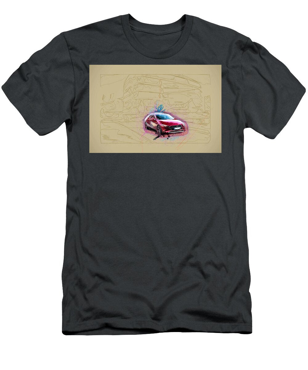 Drawing Mazda3 Hatchback Skyactiv X 2019 Cars Red Mazda 3 Japanese Colorful Abstract Artwork Mixed Media Painting Ola Kunde T-Shirt
