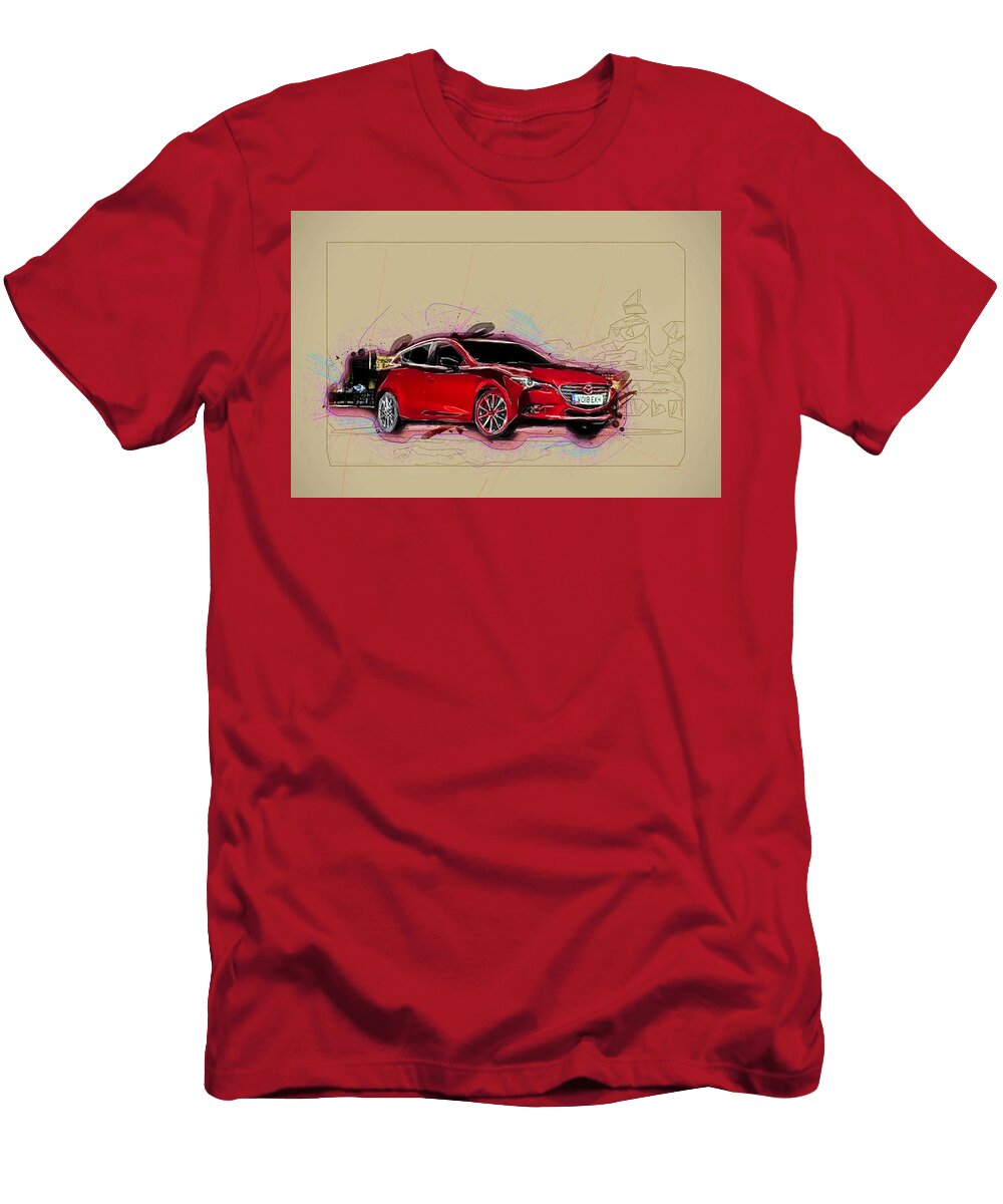 Drawing Mazda3 Sport Night 2018 Cars Hatchback Mazda 3 Japanese Colorful Abstract Artwork Mixed Media Painting Ola Kunde T-Shirt