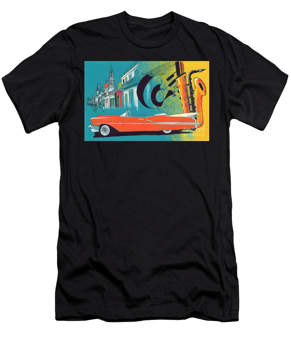 Drive Through Havanas Colorful Streets Orange Convertible and Jazzy Saxophone Energy Olfactoart Studio T-Shirt