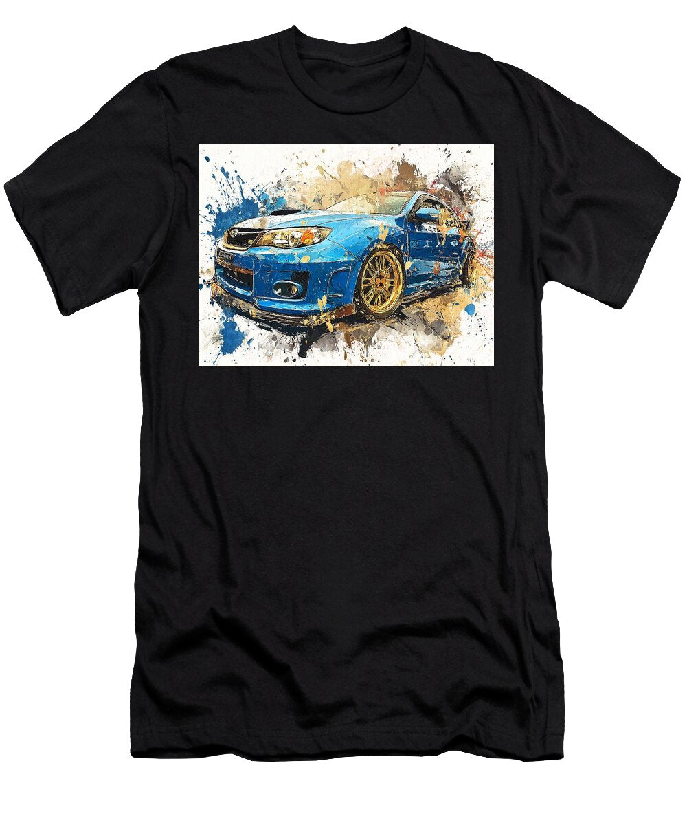 Dynamic Blue Car with Paint Splashes Subaru Impreza Wrx Sti 2007 Hatchback Sports Car Artistic Desig Hollie Love T-Shirt