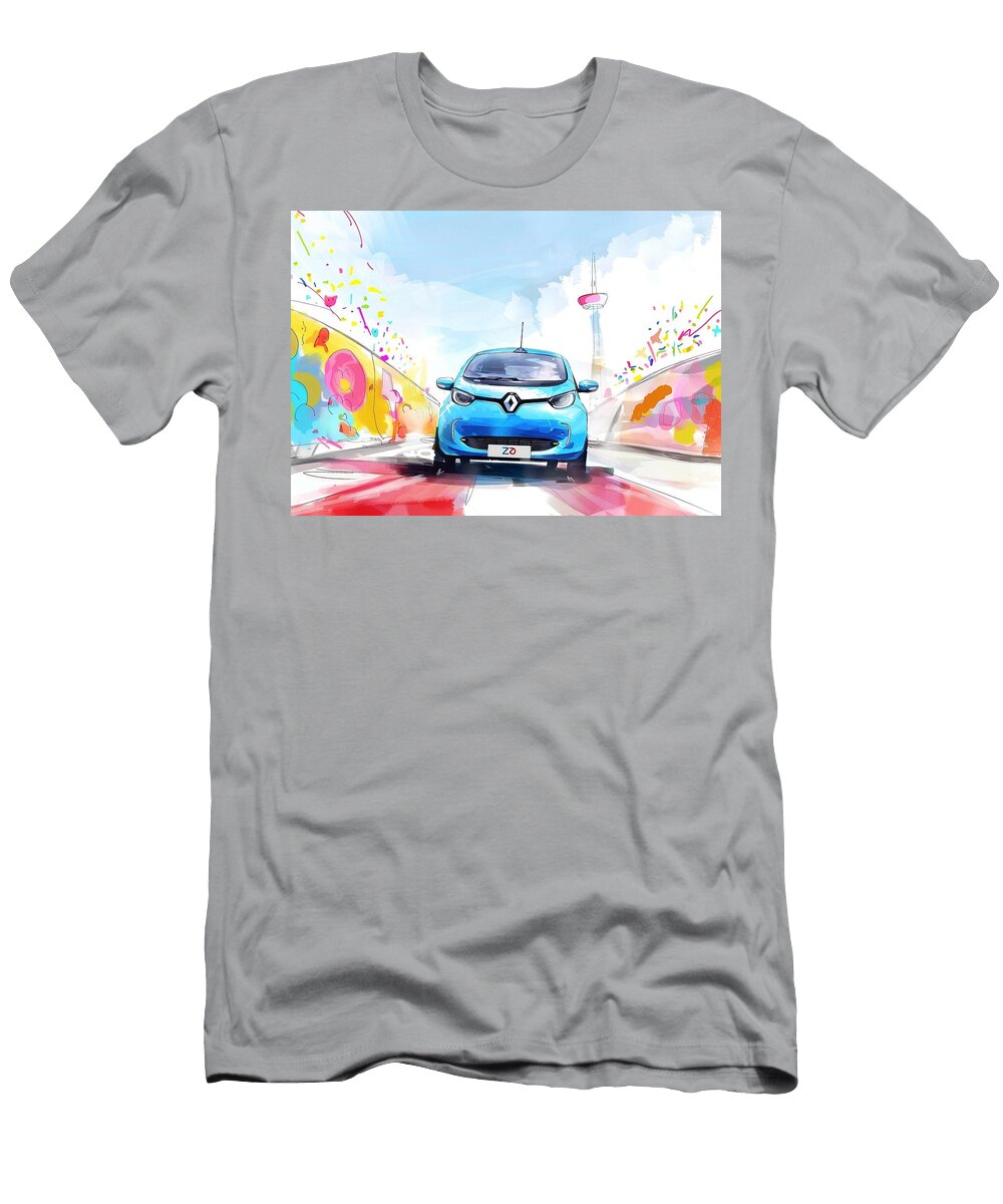Electric Car Driving Through Colorful Cityscape Kari Goldfalse T-Shirt