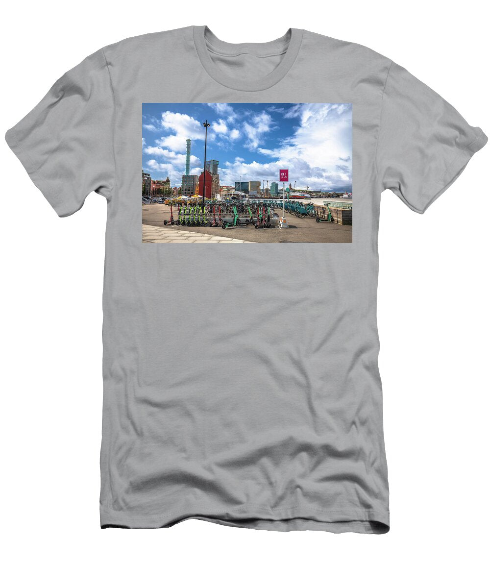 Electric Scooter and Bicycle Hub in Gothenburg Harbor View Brch Photography T-Shirt