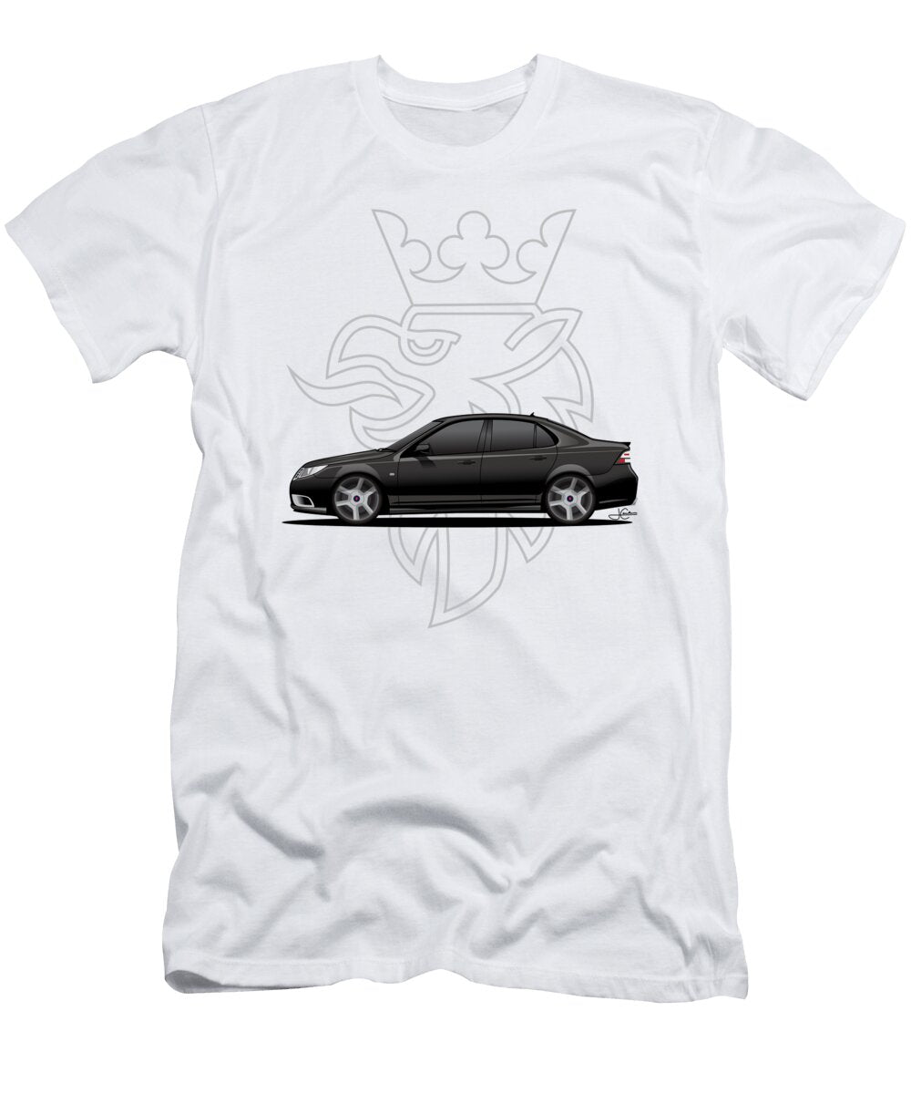Elegant Saab Turbo X Black Sedan with Emblem John Cassella T-Shirt