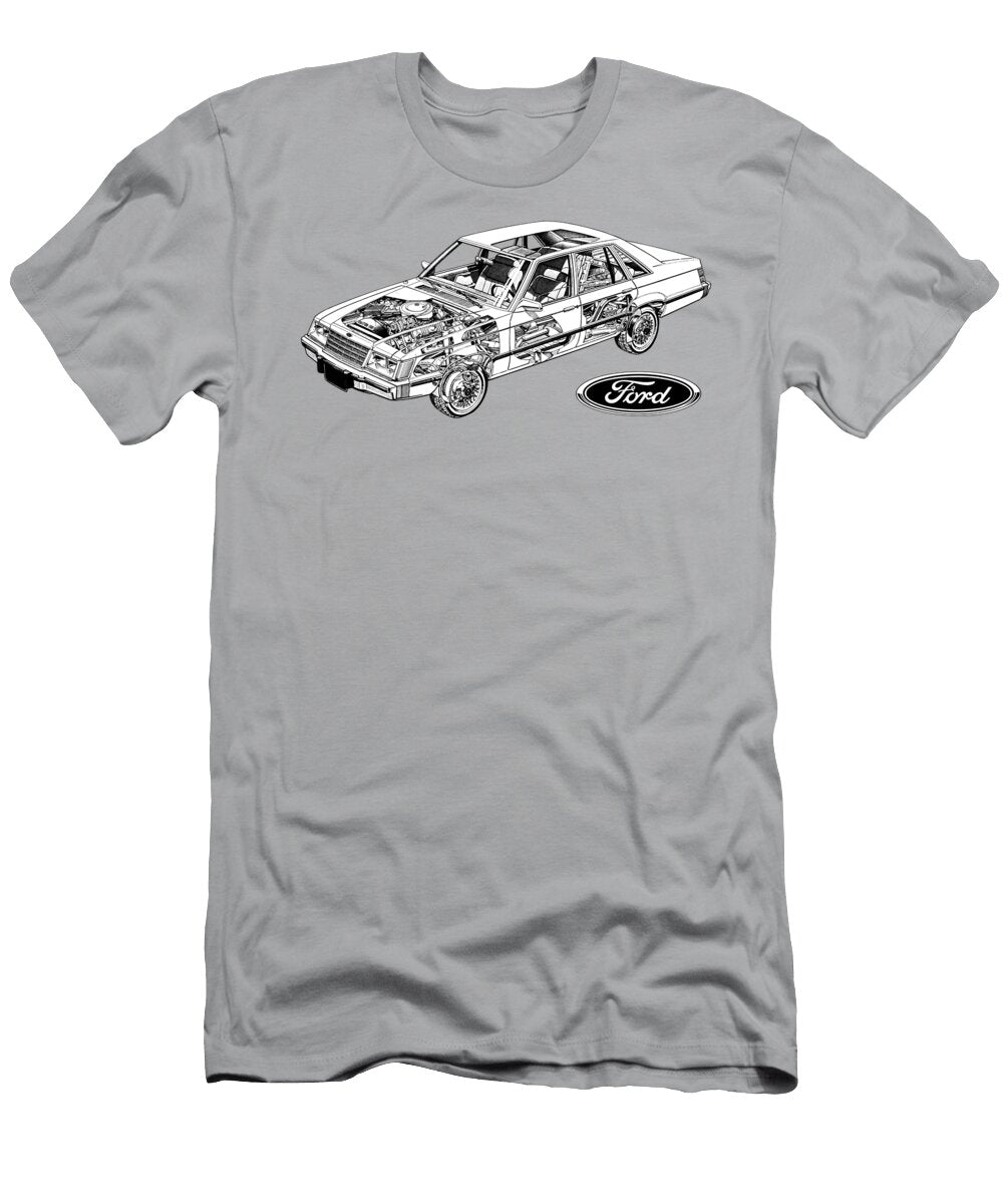 Exclusive Cutaway Art American Car 1983 Ford Ltd 4 Door Sedan 49l Windsor V8 Vlad Automotive T-Shirt