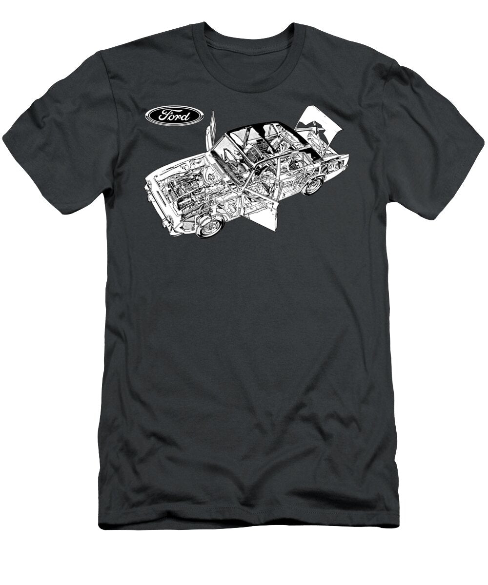 Exclusive Cutaway Art American Retro Car 1963 Ford Corsair 2000 S Sedan Essex V4 Engine Vlad Automotive T-Shirt