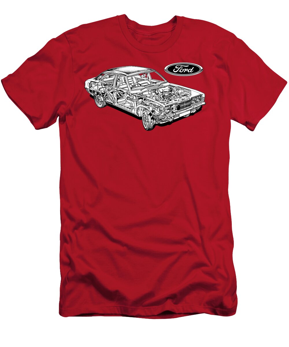 Exclusive Cutaway Art American Retro Car 1970 Ford Cortina Mk3 Gxl Sedan 41l Falcon 250 Engine Vlad Automotive T-Shirt