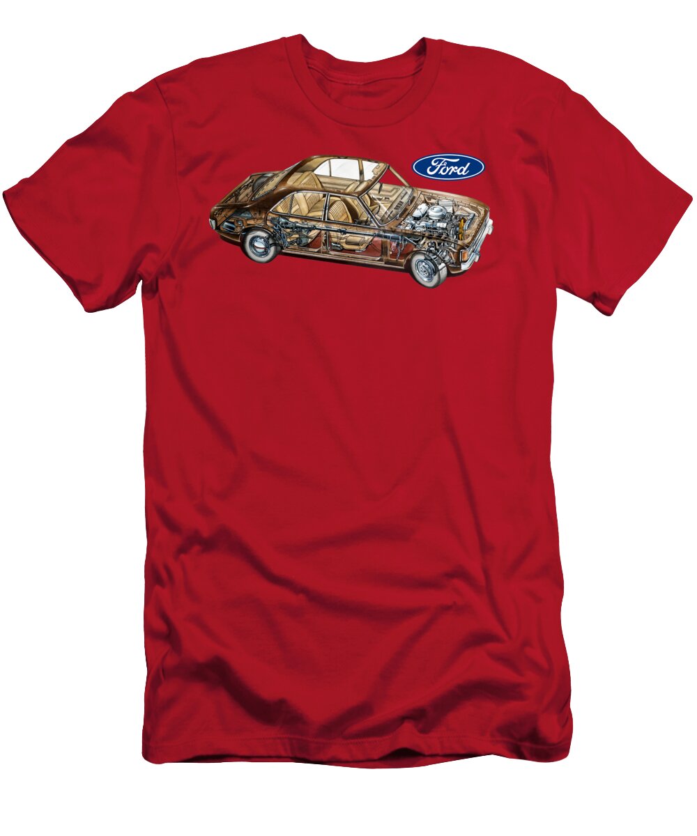 Exclusive Cutaway Art American Retro Car 1972 Ford Consul Classic Sedan 30l Essex V6 Engine Vlad Automotive T-Shirt