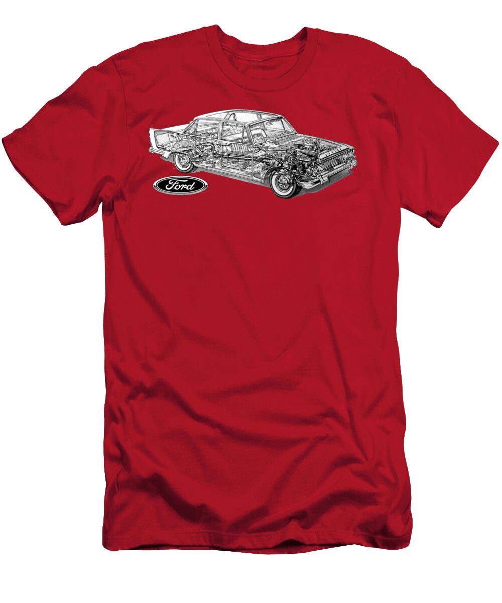 Exclusive Cutaway Art British Luxury Car Ford Zodiac Executive Sedan V6 Engine Vlad Automotive T-Shirt