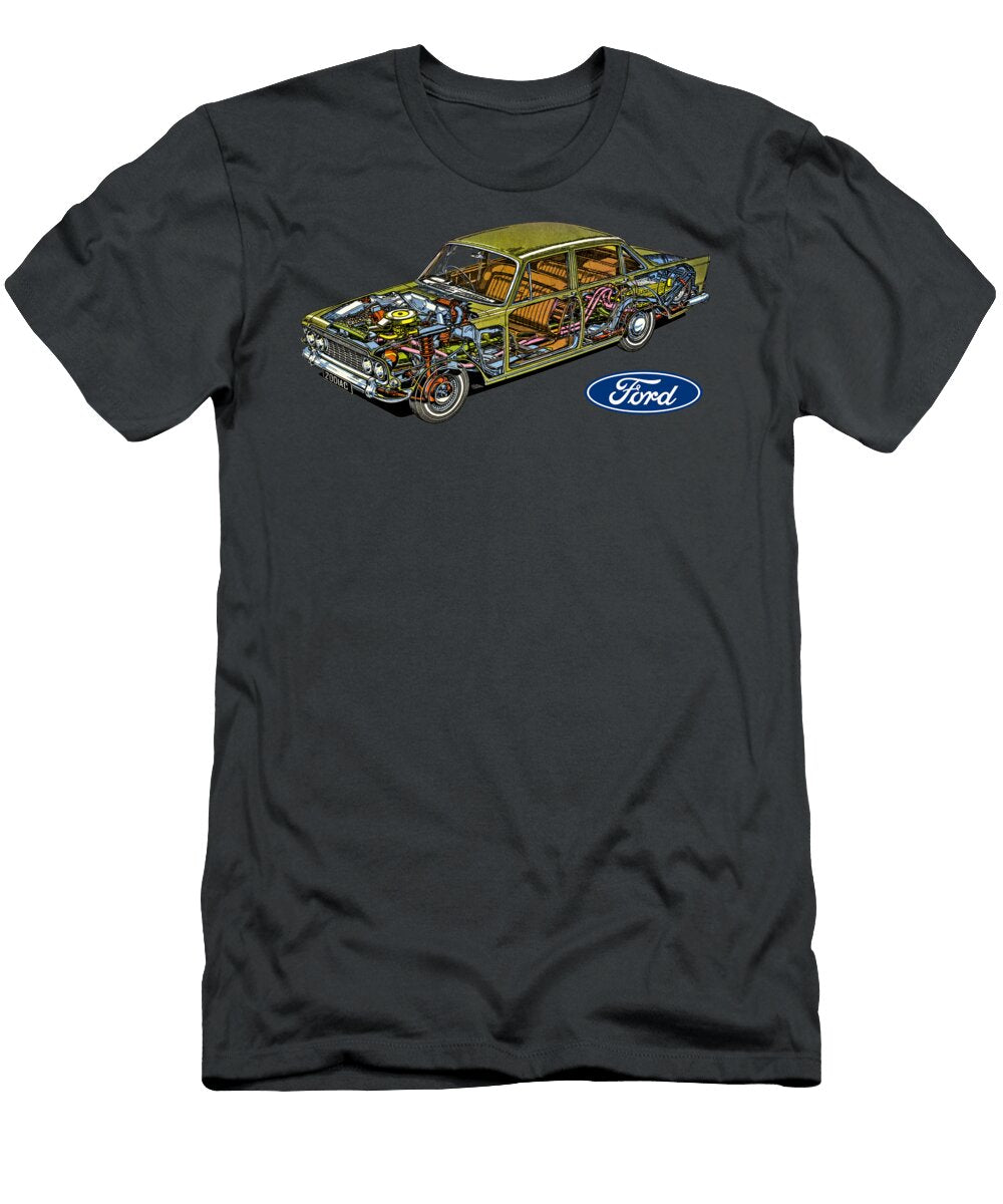 Exclusive Cutaway Art British Luxury Car Green Ford Zodiac Executive Sedan 30 Litre Essex V6 Engine Vlad Automotive T-Shirt
