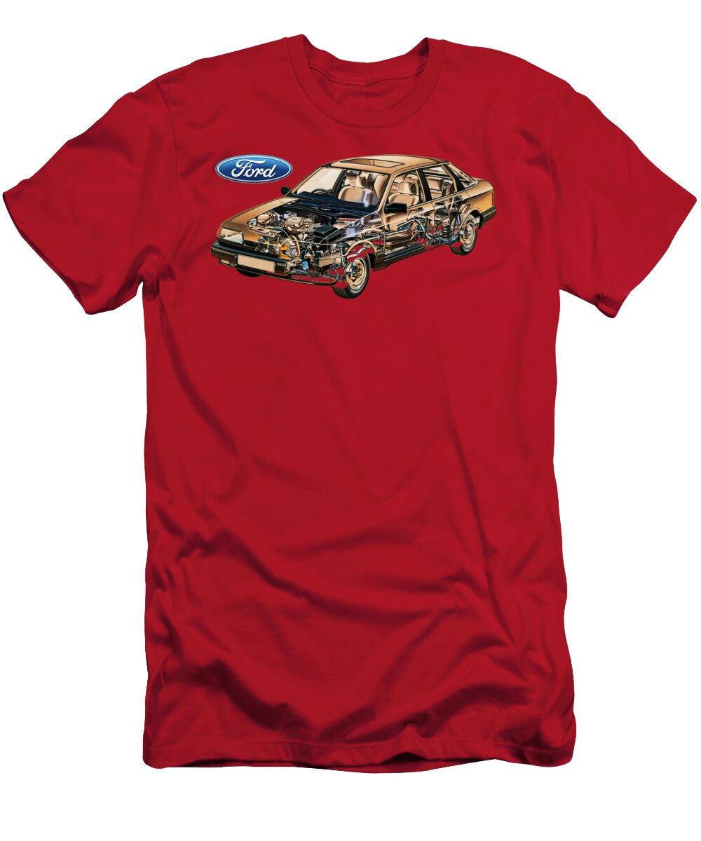 Exclusive Cutaway Art European Popular Compact Car 1985 Ford Granada V6 29l 5 Door Hatchback Vlad Automotive T-Shirt