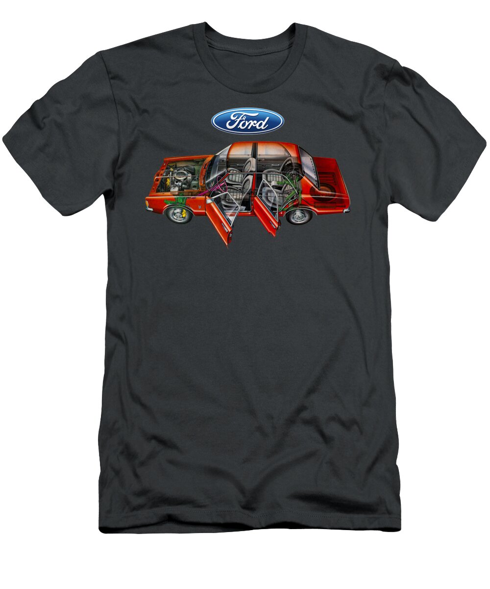 Exclusive Cutaway Art European Sport Car 1970 Red Ford Taunus 16l Gl Sedan Vlad Automotive T-Shirt