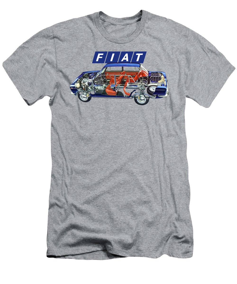 Exclusive Cutaway Art Famous Retro Italian 4 Door Car Blue Fiat 124 Sedan Special Vladyslav Shapovalenko T-Shirt