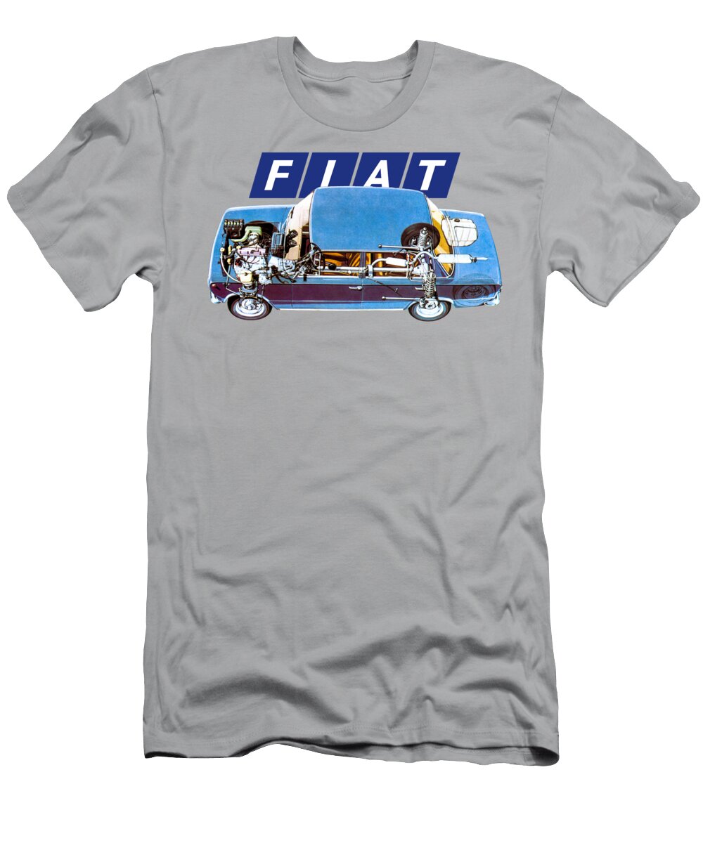 Exclusive Cutaway Art Famous Retro Italian 4 Door Car Blue Fiat 124 Sedan Vladyslav Shapovalenko T-Shirt