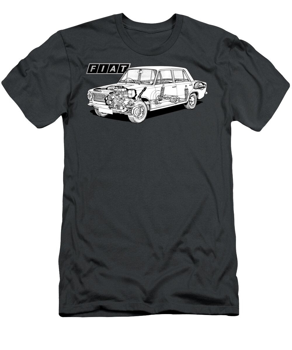 Exclusive Cutaway Art Famous Retro Italian 4 Door Car Fiat 124 Sedan UK Spec Vladyslav Shapovalenko T-Shirt