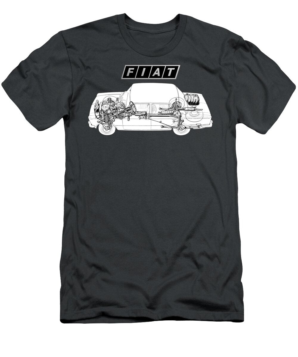 Exclusive Cutaway Art Famous Retro Italian 4 Door Car Fiat 124 Sedan Vladyslav Shapovalenko T-Shirt
