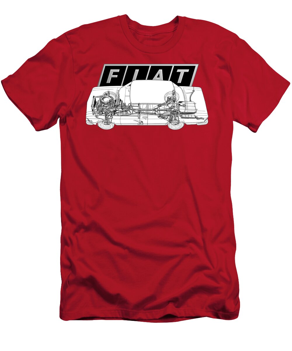 Exclusive Cutaway Art Famous Retro Italian 4 Door Luxury Car Fiat 130 3200 Sedan Six Cylinder Engine Vladyslav Shapovalenko T-Shirt