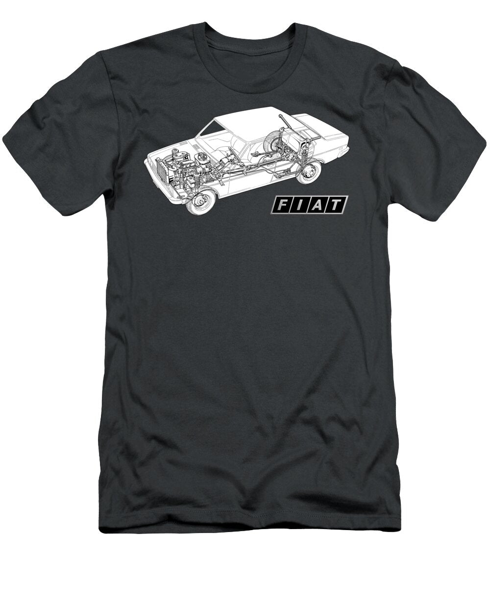 Exclusive Cutaway Art Famous Retro Italian 4 Door Luxury Car Fiat 131 Mirafiori Sedan Vladyslav Shapovalenko T-Shirt