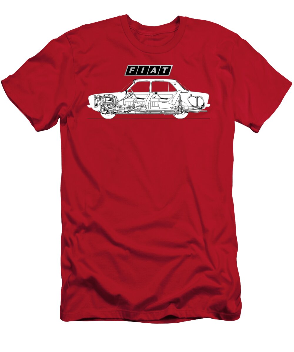 Exclusive Cutaway Art Famous Retro Italian 4 Door Luxury Car Red Fiat 132 Special Sedan Vladyslav Shapovalenko T-Shirt