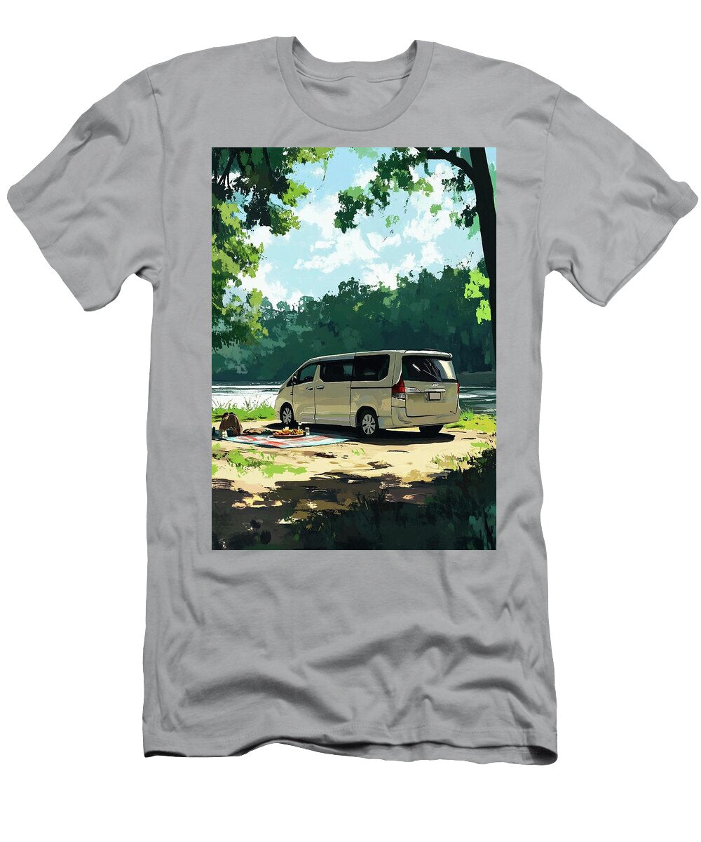 Family Minivan At a Picnic Spot with a Blanket Spread Out Eldre Delvie T-Shirt