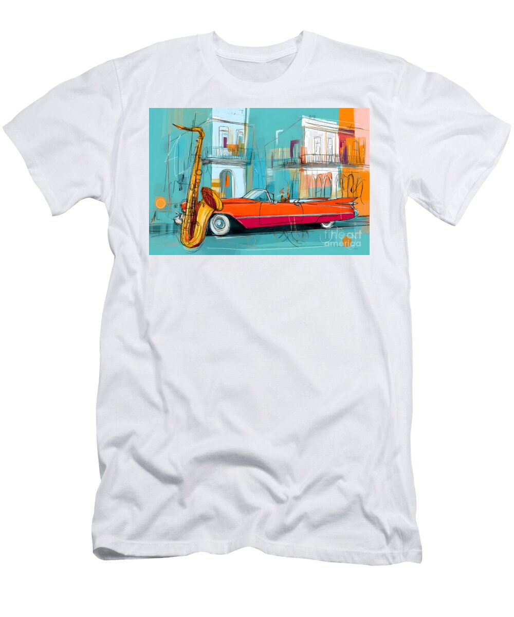 Feel the Pulse of Havana Jazzy Saxophone and Classic Convertible in a Colorful Cityscape Olfactoart Studio T-Shirt