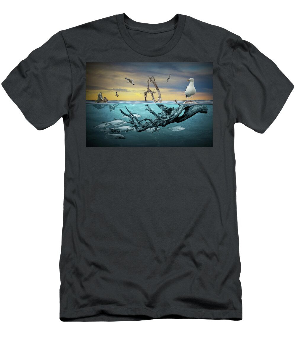 Floating Driftwood with Gulls and School of Fish Randall Nyhof T-Shirt