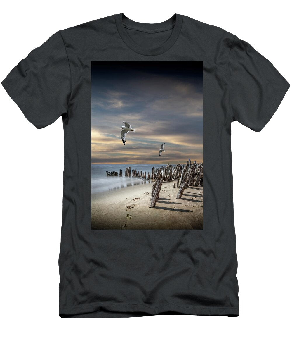 Footprints and Pilings on the Beach At Kirk Park By Grand Haven Randall Nyhof T-Shirt