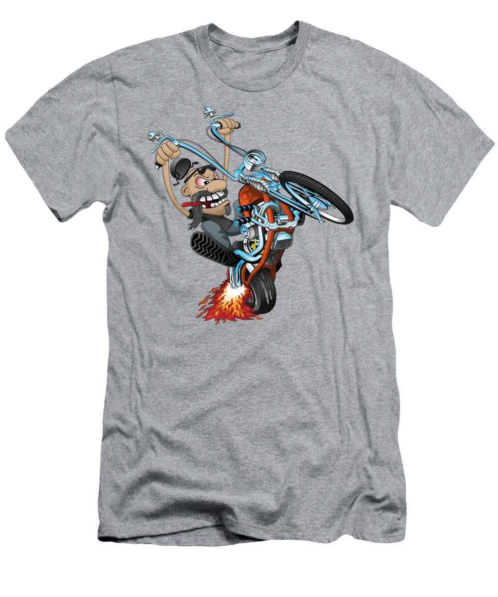 Funny Biker Riding a Chopper Popping a Wheelie Motorcycle Cartoon Jeff Hobrath T-Shirt
