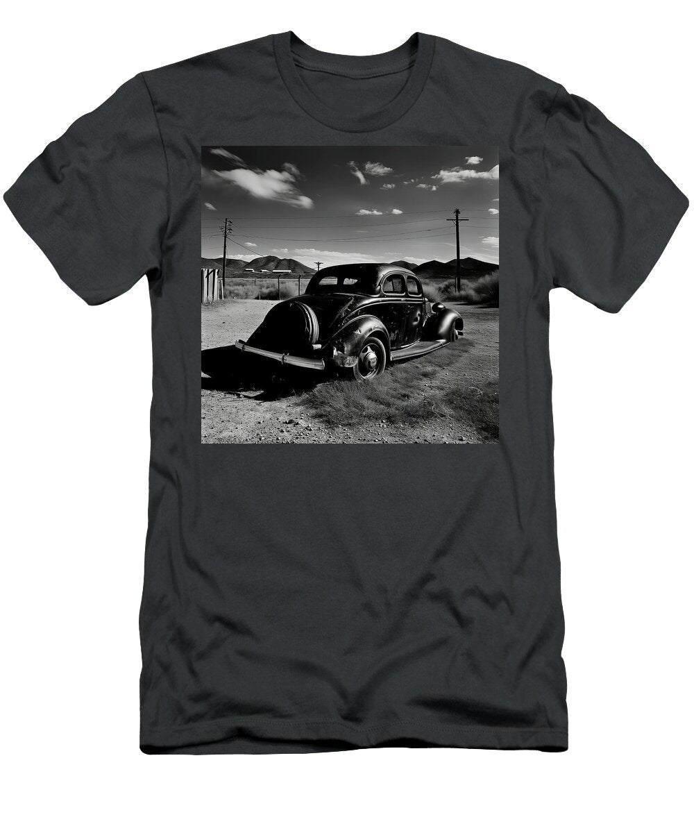 Future Hotrod Black Sedan in Desert Yard Yo Pedro T-Shirt