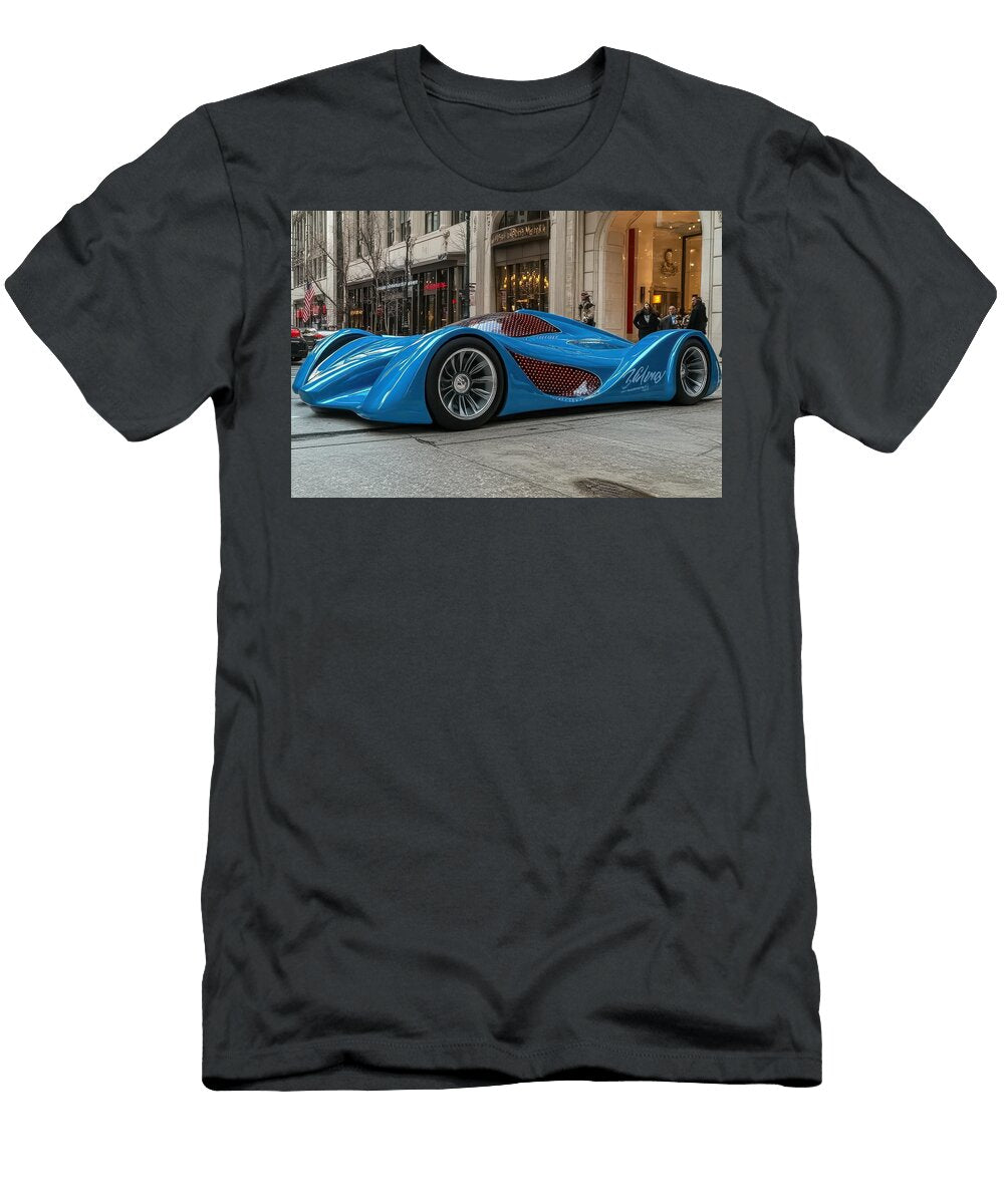 Futuristic Blue Concept Car on City Street Evie Carrier T-Shirt