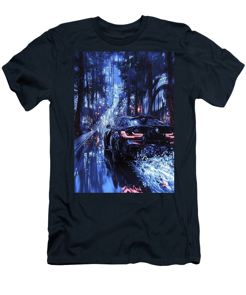 Futuristic Car in a Rainy Forest Cityscape Donato Williamson T-Shirt