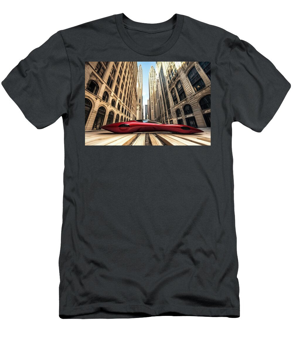 Futuristic Car in Urban Landscape Evie Carrier T-Shirt