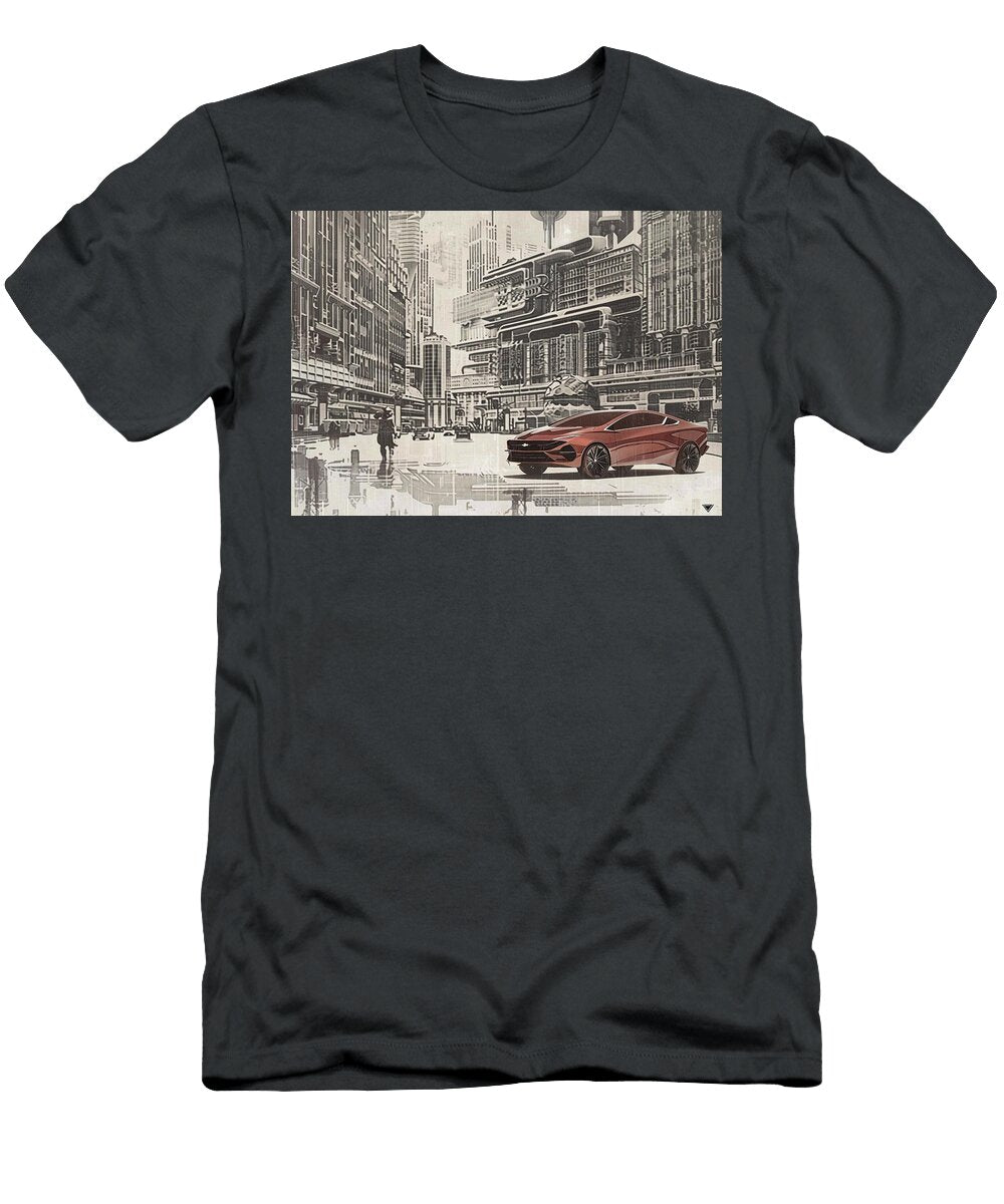 Futuristic Chevrolet Cruze Hatchback Car Concept in a Retro Cityscape Kyran Estrada T-Shirt