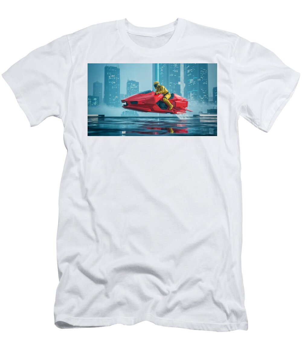 Futuristic Cityscape with Hoverbike Mango Art T-Shirt